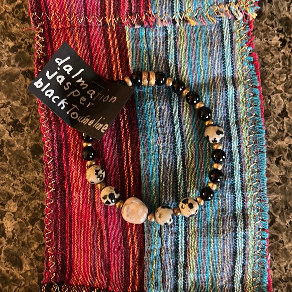 Hand-made semi-precious gemstone bracelet. Dalmatian jasper & black tourmaline.